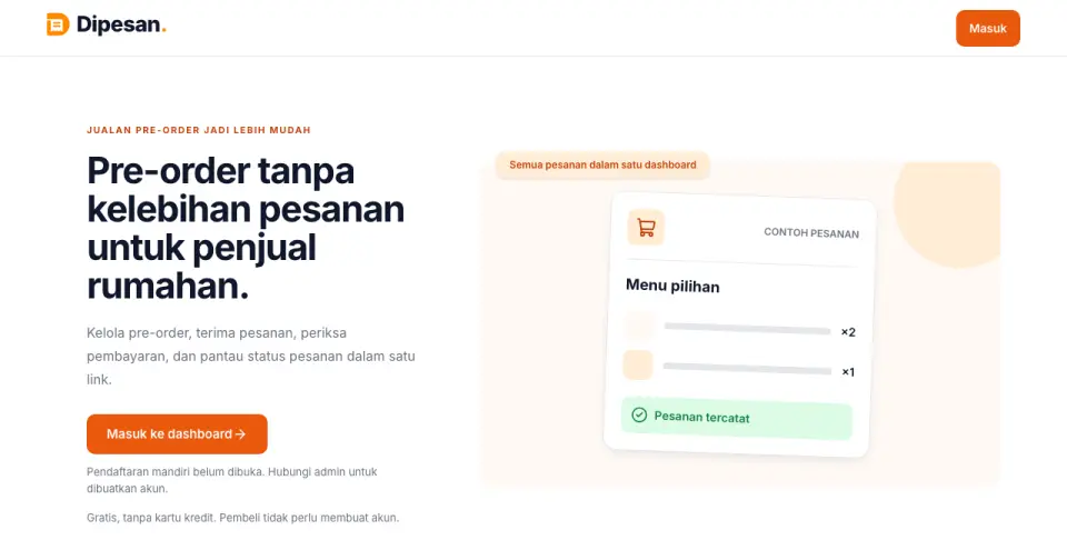 Halaman depan Dipesan: judul Pre-order tanpa kelebihan pesanan untuk penjual rumahan, tombol Masuk ke dashboard, dan contoh kartu pesanan.