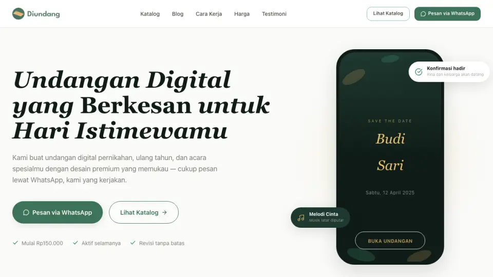 Halaman depan Diundang: judul Undangan Digital yang Berkesan untuk Hari Istimewamu, tombol Pesan via WhatsApp dan Lihat Katalog, serta contoh undangan Budi dan Sari.