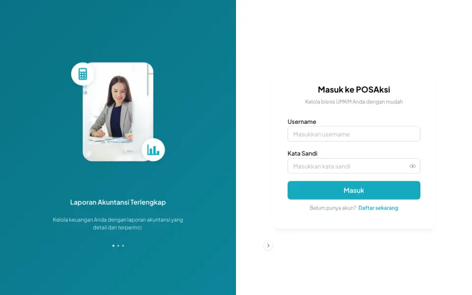 Halaman masuk POSAksi dengan formulir username dan kata sandi.